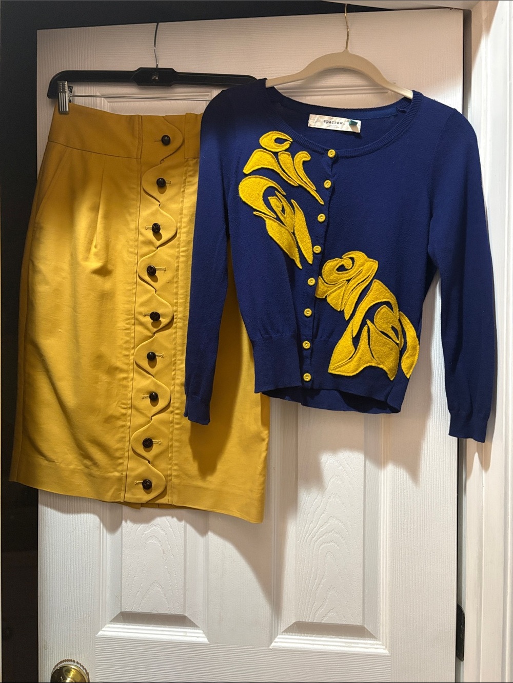 Maeve Navy Cardigan with Yellow Floral Appliqué & Yellow Button-Front Skirt